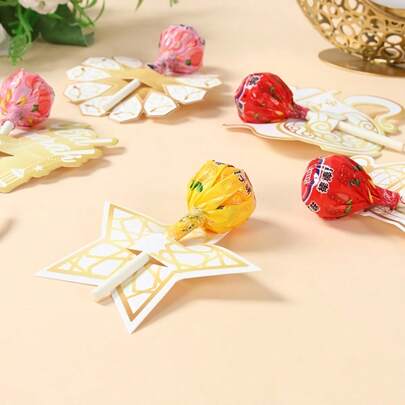 48张开斋节纸质棒棒糖卡片 | 白色绿色金色月亮星星图案，开斋节快乐和斋月吉祥装饰，伊斯兰穆斯林派对礼品，斋月用品，副朝吉祥