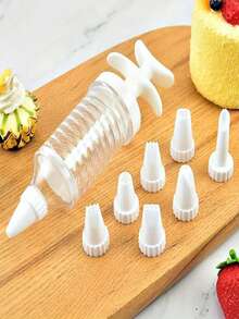 1Set 18cm Easy-To-Use Detachable Reusable Multi-Function Plastic Cake Decorating Gun & Cupcake Piping Kit (With 8 Decorative Nozzles) - Baking Accessory Set, Frosting Piping Tool, Cookie Press Tool, Cupcake Decorating Supplies, DIY Baking Kit, Ideal For Home Baking, Birthday Party Dessert Decor