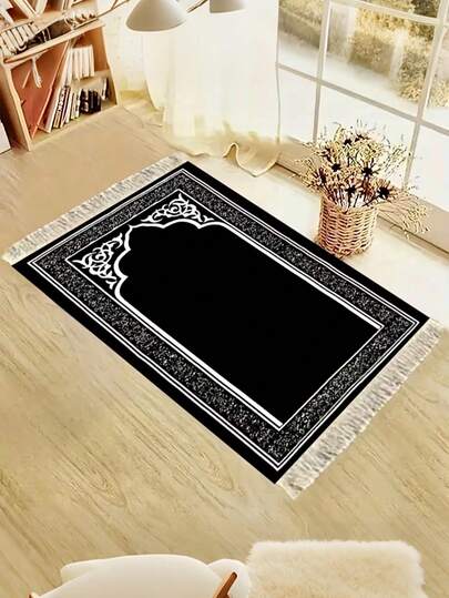 1pc Tasseled , Vintage Floral Border Print , Soft Comfortable Washable Carpet For Religious Places, Home Decor Or Cultural Events, Suitable For Entryway, Bedroom, Kitchen, Bathroom, Doormat, Small Rug, Welcome Mat, Carpet, Floor Mat, Outdoor Doormat, Kitchen Rug, Home Decor, Front Door Mat, Area Small Rug, Outdoor Mat, Home Decor, Area Rug, Garden Carpet, Washable Rug