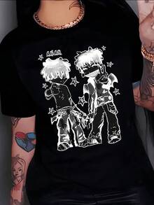 Two Youthful Characters With Messy Hair And Friendly Gestures Surrounded By Stars Evoke Urban Energy And Free Spirit. Women's T-Shirt 100% Cotton 220g - 黑色 - 查看 8