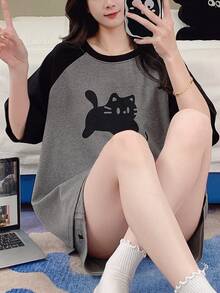 女士两件套睡衣，透气短袖短裤套装，夏季睡衣 - 灰色 - 查看 3