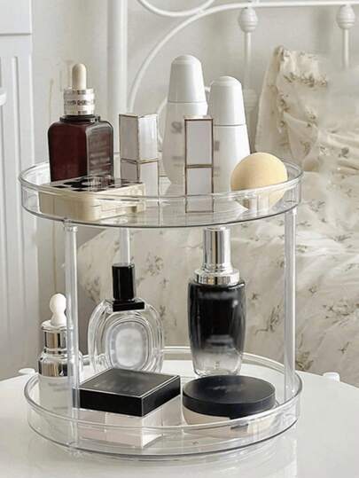 1pc 360° Rotating Large Capacity Transparent Makeup Organizer, Vanity Organizer, Jewelry Organizer, Suitable For Vacation, Beach, Bathroom, Bedroom And More, High Capacity