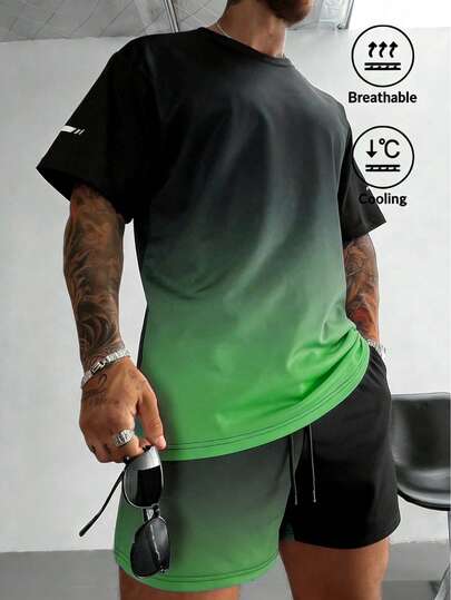 Conjunto de camiseta casual de manga corta y cuello redondo con degradado de color y pantalones cortos con cordón para hombre
