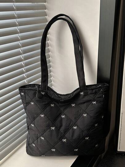 韩式刺绣菱格纹蝴蝶结手提包，时尚简约单肩包，冬季百搭