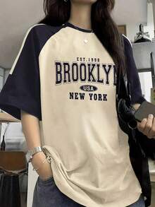 Tween Girl Letter Graphic Print Raglan Short Sleeve Casual T-Shirt - Apricot - View 9