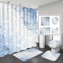 1pc/4pcs Bathroom Shower Curtain Set, Bathroom Decor, Blue Abstract Line Floral Pattern, Includes 12 Hooks, Gift, Themed Decoration, Bathroom Set - Baby Blue - View 1