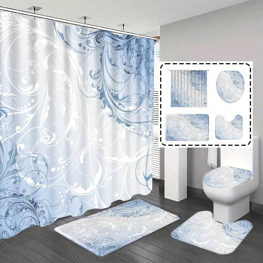 1pc/4pcs Bathroom Shower Curtain Set, Bathroom Decor, Blue Abstract Line Floral Pattern, Includes 12 Hooks, Gift, Themed Decoration, Bathroom Set - Baby Blue - View 1