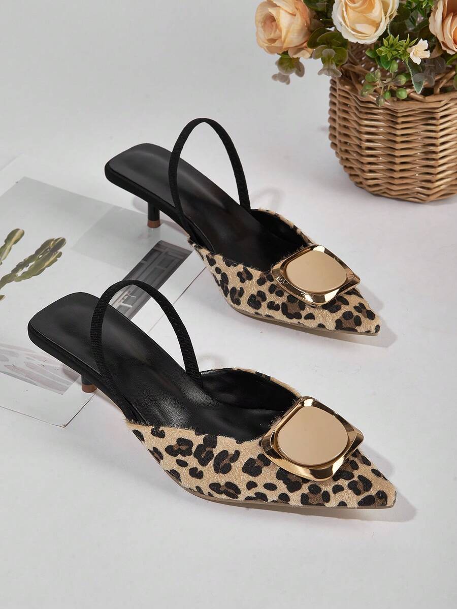 女士时尚苹果扣豹纹尖头套脚细高跟凉鞋，通勤、派对、春夏皆宜 - 豹紋杏色 - 查看 1