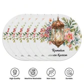 2/4/6 Pcs Elegant Ramadan Crescent Moon Lantern Pattern Placemats - 15 Inch Round Floral Printed Placemats, Suitable For Party Dining And Holiday Decor. Also Applicable For Home Decor, Holiday Table Decor, Farmhouse Holiday Decor, Farmhouse Style Decor, Washable Mats, Durable Material, Holiday Table Decor And Home Entertainment.