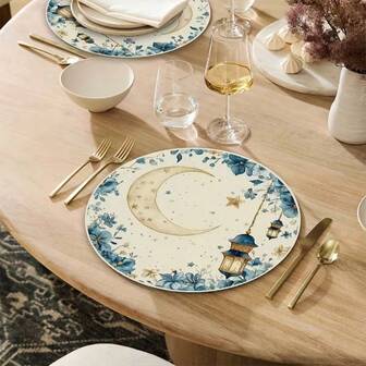 2/4/6-Piece Set Of Simple And Elegant Ramadan Moon Lantern Patterned Placemat -15.0-Inch Round Table Mat With Floral Decoration, Suitable For Party Dining And Holiday Decoration. Suitable For Home Decoration, Holiday Table Decoration, Rural Holiday Decoration, Rural Style, Washable Mats, Durable Materials, Holiday Table Decoration, And Home Entertainment.