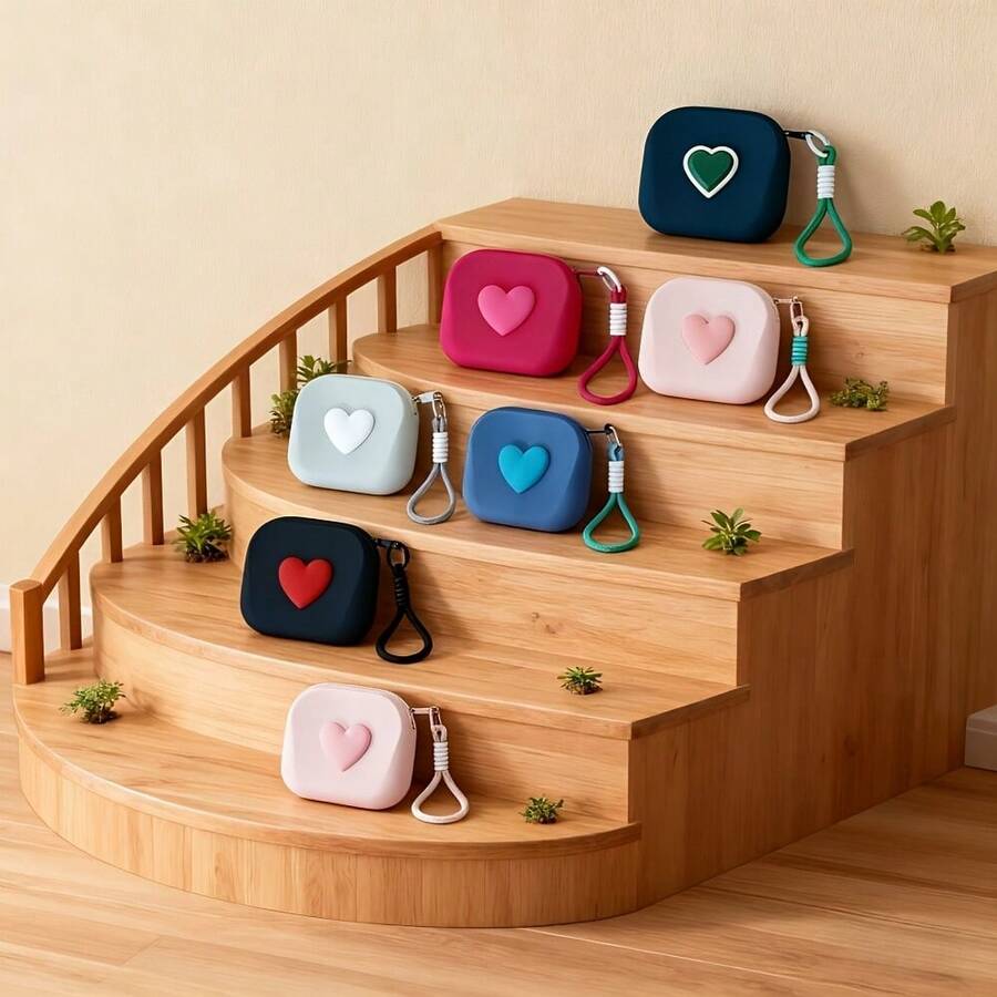 1pc Small Silicone Storage Bag With Heart Design, Square Mini Makeup Pouch, Lipstick Holder, Coin Purse, Keychain, Earphone Case, Necklace Organizer – Multi-Functional Portable Storage Bag - 玫紅色+編織繩 - 查看 1