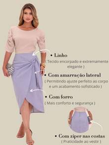 Linen Midi Skirt With Wrap Detail And Elegant Slit - 淺藍色 - 查看 6
