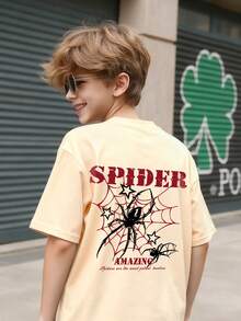 Tween Boy Spider & Spider Web Pattern Pullover Sweatshirt, "SPIDER" Letter Print, Round Neck Short Sleeve, Suitable For Summer And Autumn, New Boys Clothing - Apricot - View 10