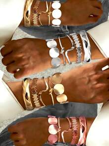 5pcs Vintage Exaggerated Luxurious Geometric Wide Face Design Women Metal Gold Bangle Set, Suitable For Daily Wear And Gift - Multicolor - View 1