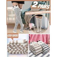 Womens Thigh High Fuzzy Socks Warm Winter Over Knee High Long Striped Fluffy Cozy Fleece Socks 2 Pairs,36067903 - 黑色 - 查看 5