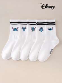 Disney 1/5/10 Pairs, Stitch, Angel Pattern Children's Socks, Frilled Socks, Bubble Socks, Bubble Frilled Socks, Black Double Bar White Mid-Calf Socks, Socks For Women, Socks Women, White Socks, Women Socks, Loose Socks - Blue - View 11