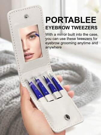 4개 블루 고정밀 눈썹 정리 도구 세트 - 가죽 케이스 포함, 전문가용 스테인리스 스틸 눈썹 족집게, 정밀 눈썹 족집게, 가정 및 여행용 눈썹 클립, 눈썹 및 얼굴 털에 적합