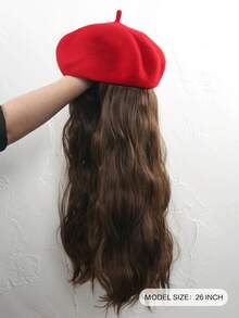 26英寸女士红色贝雷帽假发，棕色长卷发合成假发，时尚可拆卸女士假发，耐热合成纤维，适合日常佩戴 - 棕色 - 查看 3