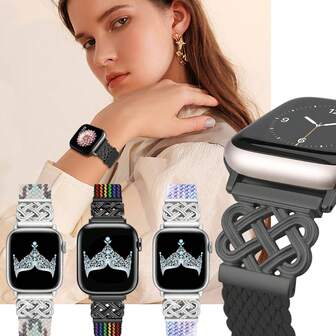 凯尔特结编织弹力表带，带磁扣，兼容苹果手表；中国结表带，兼容，尺寸38mm、40mm、41mm、42mm、44mm、45mm、46mm、49mm，男女通用；可调节快拆尼龙单圈弹力表带