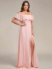 EVERPRETTY Open Shoulder Ruffle Sleeve Side Slit A-Line Bridesmaid Dress, Wedding Guest Dress Pink Spring - Pink - View 6