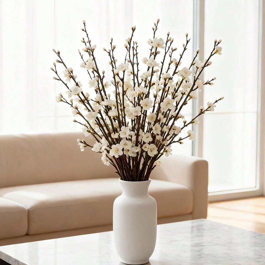 50pcs = 5pcs Artificial White Long Stem Plum Blossoms, Plastic White Jade Flowers, Suitable For Indoor And Outdoor Decor, Ideal For Home, Office, Wedding And Party Decoration, Tabletop, Dining Room And Yard, Seasonal Events, Floral Decor, Home Decoration, Natural Appearance, Maintenance-Free - White - View 1