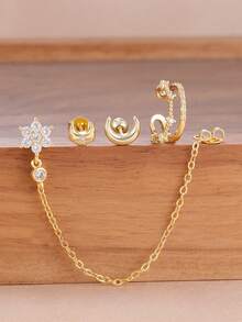 Ensemble de 4 boucles d'oreilles puces lune en acier inoxydable doré 18 carats, plaqué or, avec chaîne à fleurs et zircon. Bijoux tendance. - 4 pièces pour une oreille - Voir 3