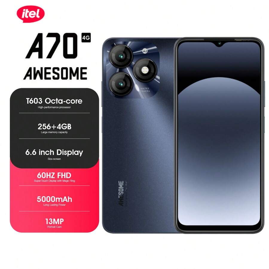 itel A70 Starlish Black 4GB+256GB Mobile Phone, 6.6" HD+ Ultra-Narrow Bottom Frame+Side Fingerprint+Flagship Composite Board Process Appearance, Super Power Saving, Beauty Camera, AI Photo Taking, Face Unlocking And Animation, Memory Fusion, Find My Phone, Ios Style UX, Water Drop Version Of Smart Island, Android 13, 5000mAh Long Battery Life+Type-C 10W Fast Charge - Black - View 1