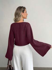 Doriss Asymmetric Button-Up Bell-Sleeve V-Neck Cinching Waist Shirt, Spring & Summer, Valentine's Day, Elegant Ladies, Summer Holiday Outfits, Weddings & Events, Going Out Outfits, Vacation Outfits Women, Beach Outfits For Women, Spring Break Outfits - Burgundy - View 5