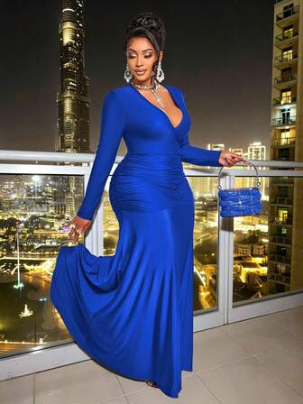 BIUBIU Vestido de punto de unicolor para mujer de talla grande con pliegues en los hombros, adecuado para el otoño, ropa de mujer para otoño e invierno, ropa para viajes al aeropuerto, vestido romántico, vestido de invitada de boda, vestido ajustado, vestido de encaje, vestido de noche, vestido formal, vestido de cumpleaños