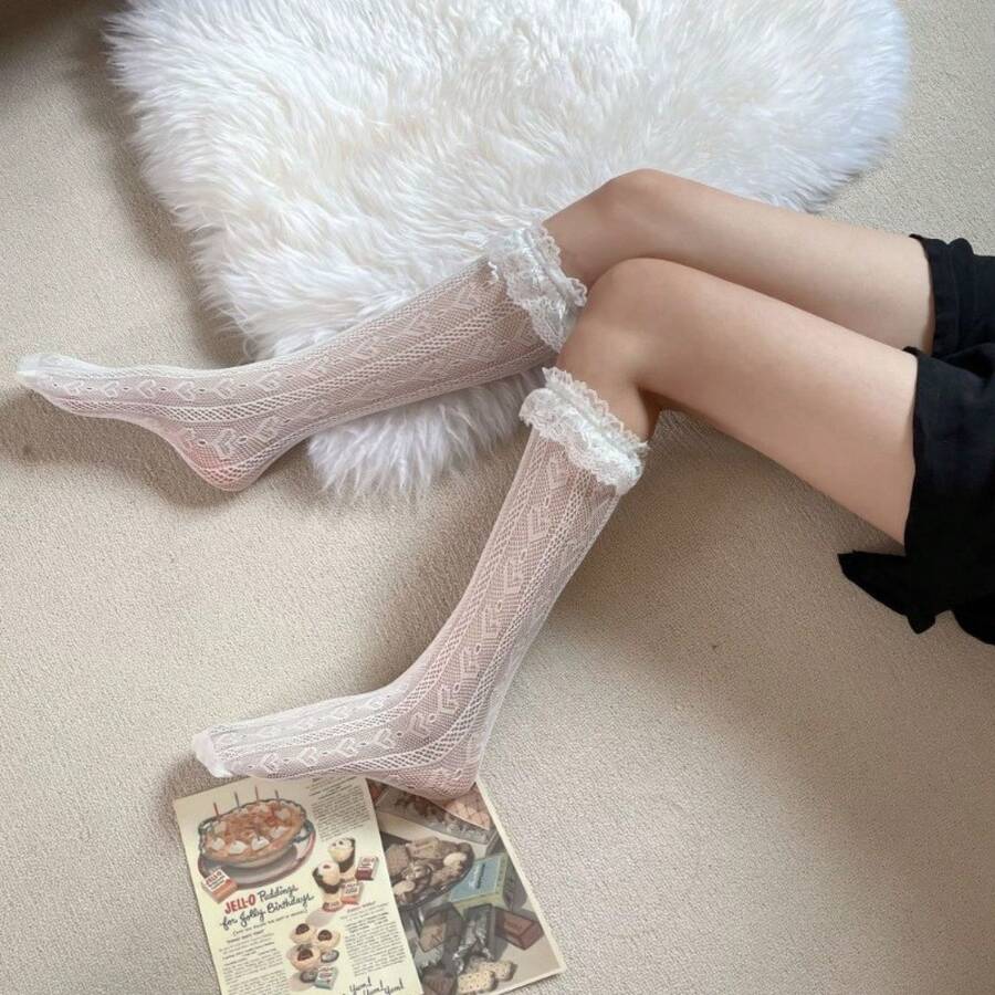 Women's Lace-Trim White Lolita Stockings, Sexy Sheer Hosiery For Summer, Perfect For Cosplay & Elegant Fashion - BC-3002愛心中筒白 - 查看 1
