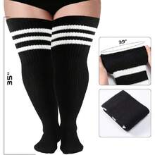 Plus Size Thigh High Socks For Thick Thighs, Extra Long Women Striped Over Knee Stockings Leg Warmers For Winter,36065362 - 黑色 - 查看 2