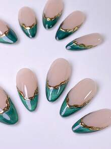 10片手工按压式美甲贴，短指甲，假指甲，杏仁形，法式美甲，粉色、黑色、红色、绿色、棕色、金色、豹纹，可爱简约优雅风格，手工绘制不对称法式金色藤蔓边缘，闪亮猫眼法式尖头，适合女性和女孩的杏仁形美甲贴纸，美甲用品，手工按压式美甲贴 - 綠色 - 查看 3