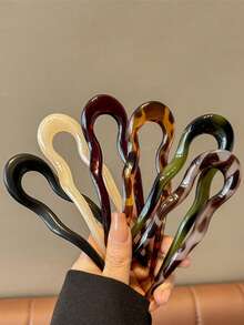 1pc U-Shaped Hair Clip, Fashion Tortoiseshell Acetate Fiber Hair Clip, Geometric Design Hair Accessory, For Women & Girls, Hair Bun Extender, Hair Styling Clip, Hair Ornament, Head Accessories, Hair Accessories For Women - Multicolor - View 12