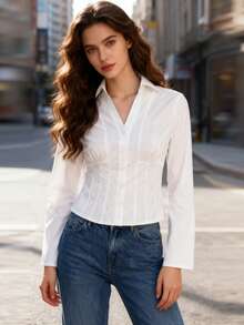 Womens Button Down Shirts Long Sleeve Lapel Collar Cinched Waist Tops Spring Fall Blouse - 白色 - 查看 3