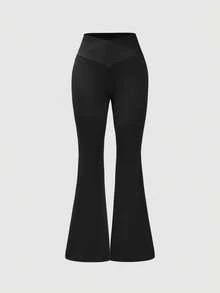 Vuslat 女士高腰V型塑形裤，简约收腰喇叭裤型，瑜伽风格，适合日常穿着、运动、街头穿搭，黑色 - 黑色 - 查看 5