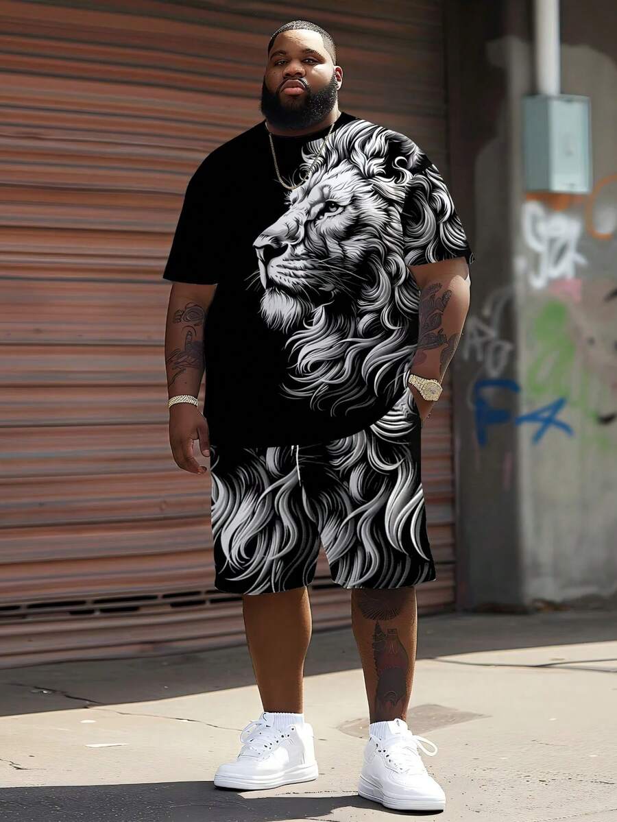 2pcs/Set Plus Size Men's Street Style Set, Black & White Lion Head Print Short Sleeve T-Shirt + Shorts, Casual Hip Hop - Black - View 1
