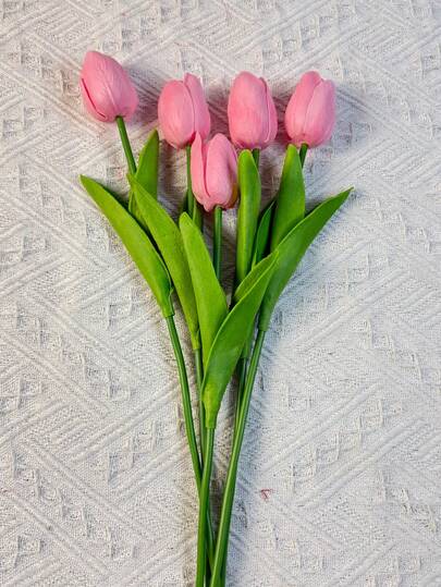 5pcs Artificial Pink Tulips, Vivid And Elegant PU Flowers, Soft And Generous, Suitable For Fresh Home Decor, Bouquet Decor, DIY Craft, Ideal For Christmas, Mother's Day, Thanksgiving And Other Holidays