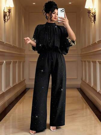 Plus Size Women's Elegant Short Sleeve Jumpsuit, Stand Collar, Back Tie, Embroidered Cuffs, Suitable For Everyday And Party Wear