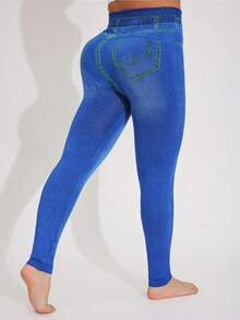 Women's Autumn/Winter Simple Denim Effect Leggings, High Stretch Lifting Skinny Pants, Soft & Comfortable For Home, Outdoor, Shopping, Walking, Daily Work & Commute, Versatile - Blue - View 6