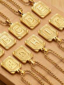 1pc Men's Bestselling Stainless Steel Square Letter Pendant Necklace, Personalized Letter Necklace, Hip Hop Jewelry - Yellow Gold - View 4
