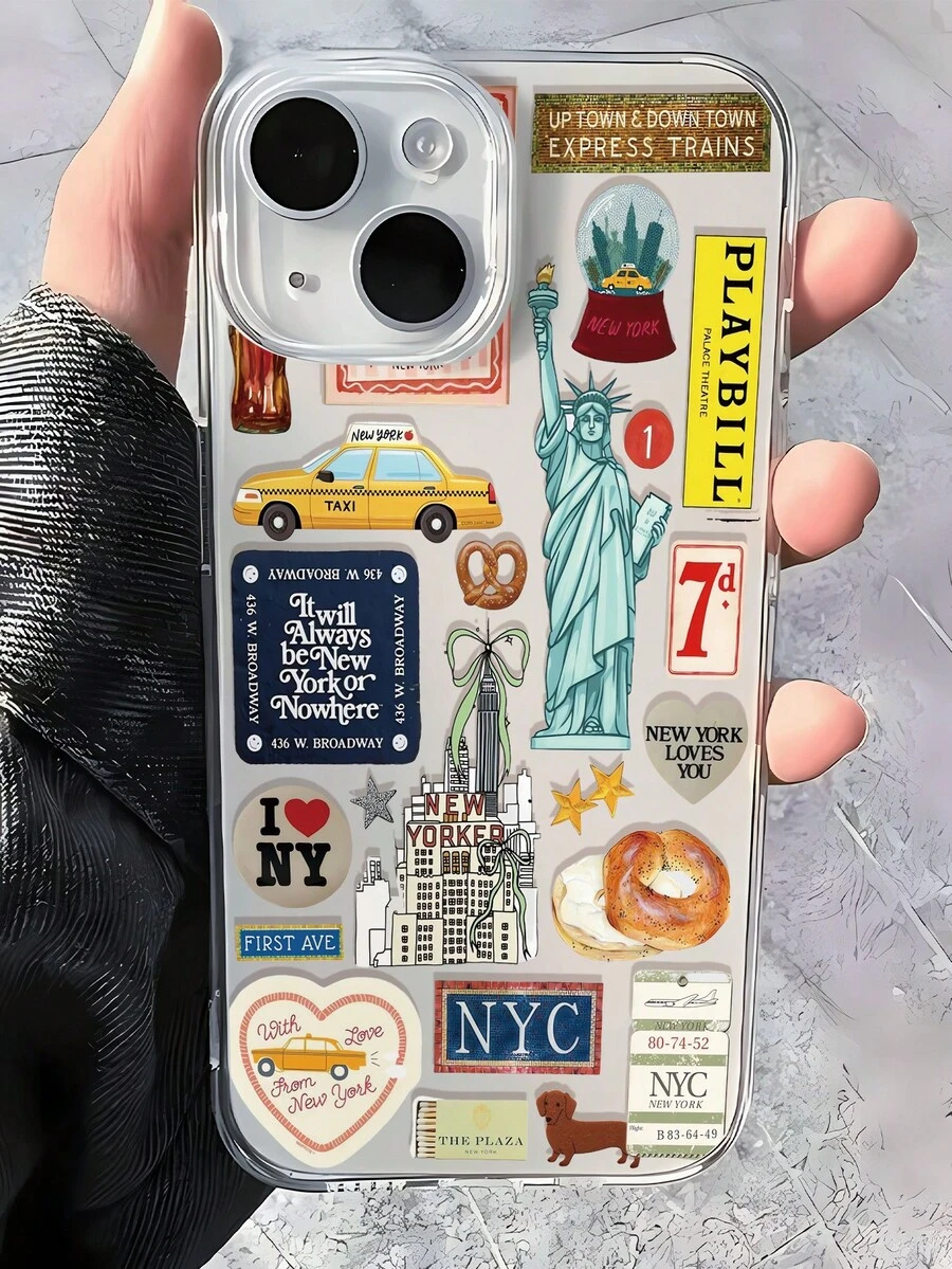 1pc Fashionable Personalized Statue Of Liberty Bread Architecture Slogan Collage Pattern Full Coverage Transparent Anti-Fingerprint TPU Soft Phone Case Compatible With IPhone/Galaxy/IPhone16promax/16/16pro/16plus/11/15/15pro/15promax/12/13/14promax/Xs/Xr/11pro/11promax/12pro/12promax/13pro/13promax/7plus/14pro/14promax/14plus/7plus/8plus/8/Se2/12mini/13mini - Multicolor - View 1