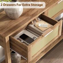 Mesa Consola de Ratán Boho de 2 Cajones, Mesa de Entrada de 2 Niveles con Almacenamiento para Vestíbulo - Roble Caramelo - Ver 6