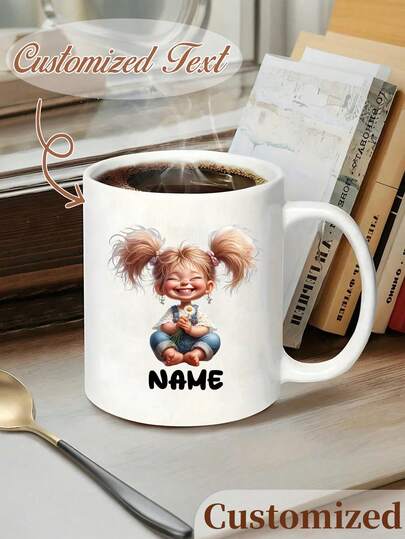 Personalized Coffee Mug 11oz - Custom Name Ceramic Cup With Cute Slouchy Girl Design, Dishwasher & Microwave, Leak-Proof For Hot/Cold Drinks, Office, Home, Birthday, Christmas Gift, Coffee Bar Accessories, Office Drinkware, Playful Illustration, Durable Drinkware
