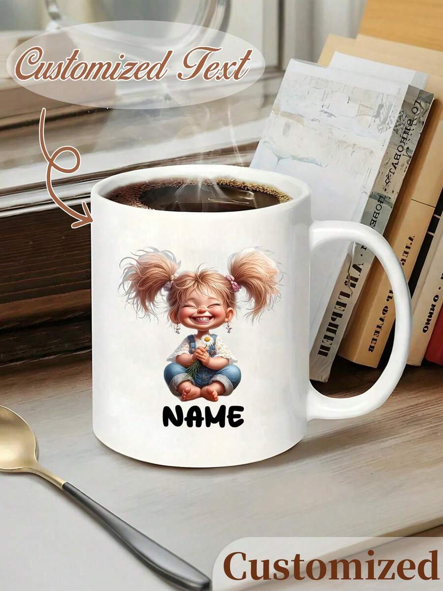 Personalized Coffee Mug 11oz - Custom Name Ceramic Cup With Cute Slouchy Girl Design, Dishwasher & Microwave, Leak-Proof For Hot/Cold Drinks, Office, Home, Birthday, Christmas Gift, Coffee Bar Accessories, Office Drinkware, Playful Illustration, Durable Drinkware