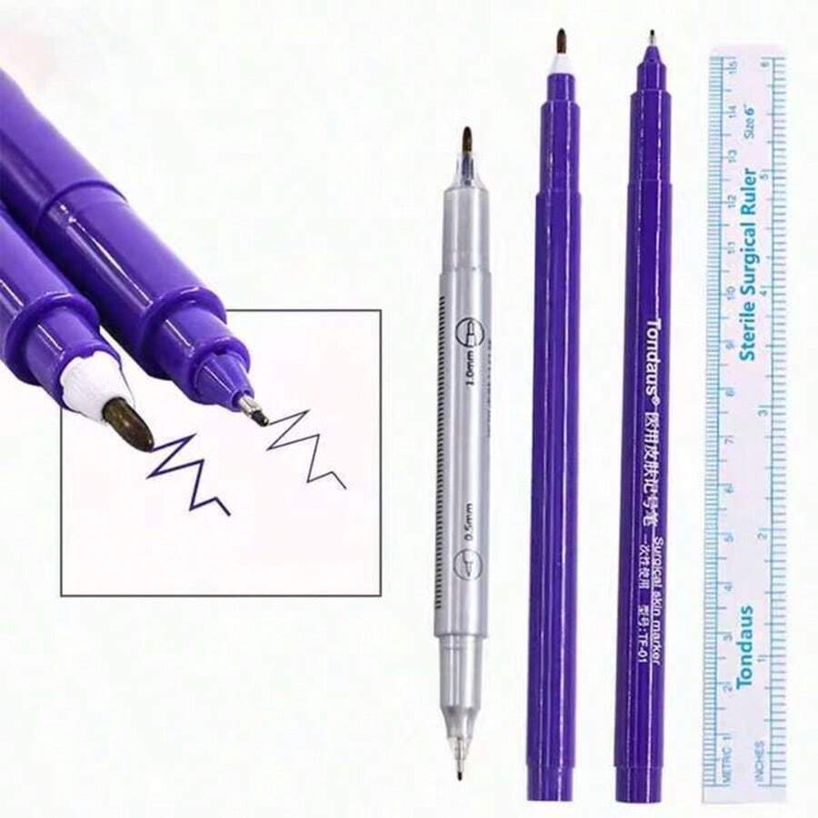 Bộ dụng cụ xăm da 2 món, bao gồm thước đo chính xác, bút xăm hai đầu mực tím 0.5mm/0.019" và 1mm/0.039", dụng cụ trang điểm xăm lông mày, phụ kiện xăm hình. - Nhiều màu - Xem 1