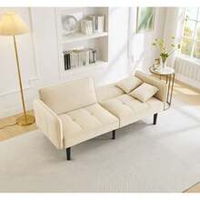 Sofá cama ajustable 2 en 1: dos plazas con tapizado de terciopelo, reposabrazos plegables y función para dormir, ideal para espacios pequeños - Beis - Ver 8