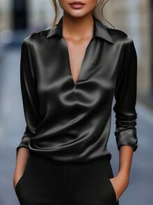 都市时尚V领缎面质感通勤衬衫，优雅修身长袖上衣 - 黑色 - 查看 1
