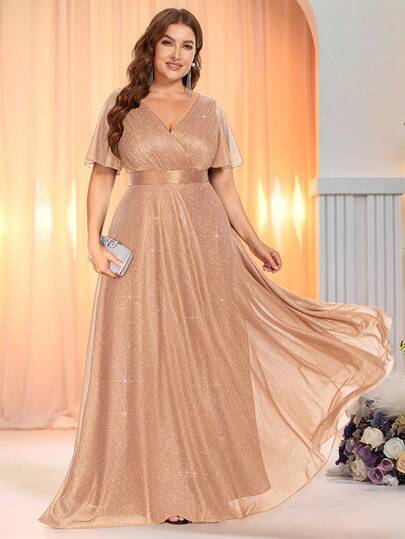 大码优雅V领短袖长拖尾夏季连衣裙，伴娘礼服