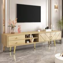 TV Cabinet 160 Cm With Gold Feet, Two Drawers And Uniquely Designed Doors - Khaki - View 5