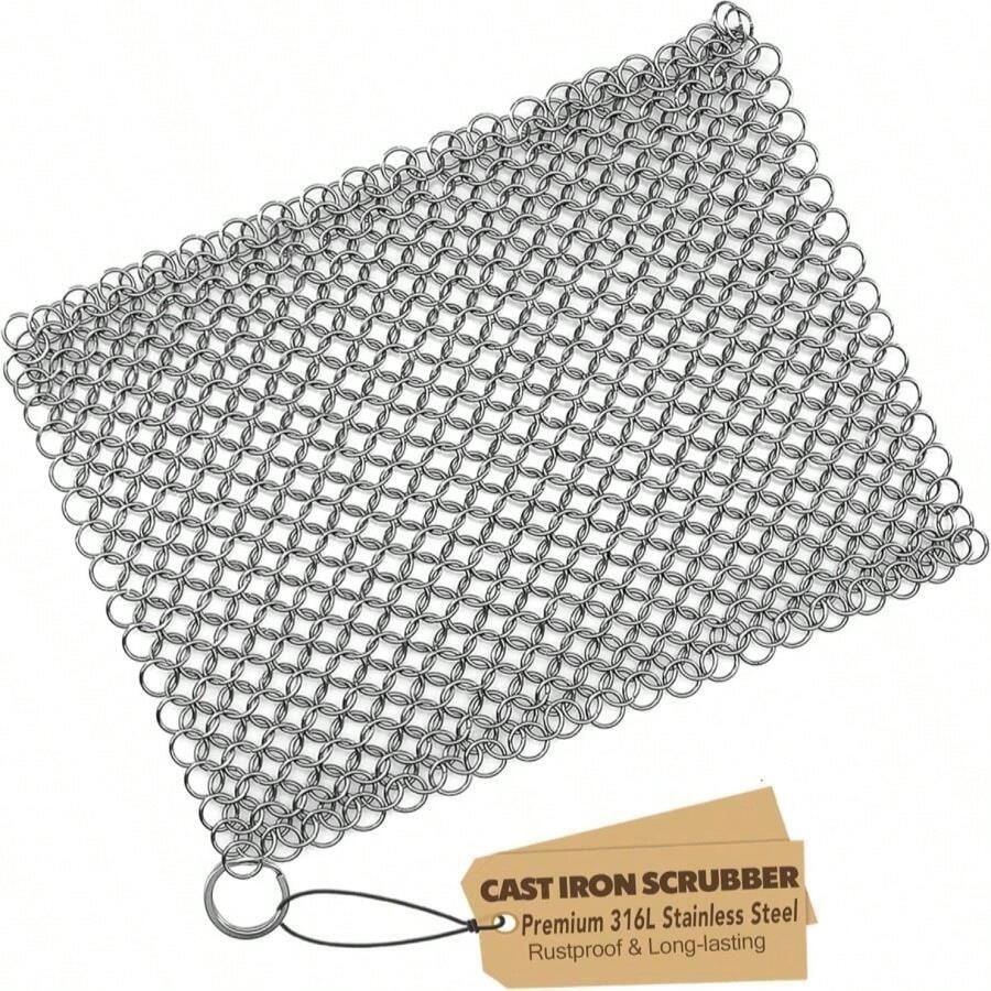 Cast Iron Scrubber 316 Stainless Steel Skillet Cleaner 8"X6" Chainmail Scrubber Scraper Chain Mail Link Scrub For Cast Iron Pre-Seasoned Pans, Griddles, BBQ Grills, And Pot Cookware Cleaning - MàuB - Xem 1